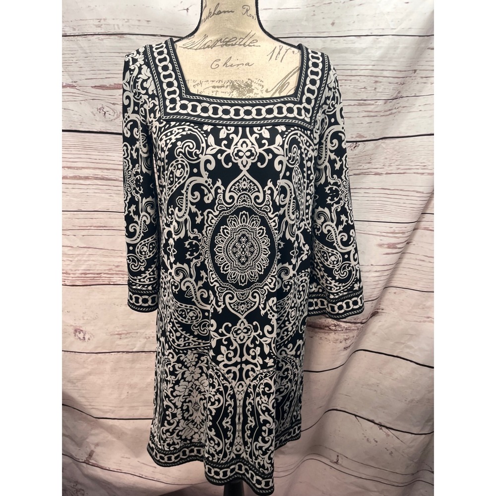Ann Taylor Loft Womens Black White Medallion Paisley Square Neck Shift Dress M